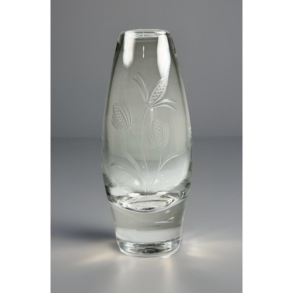 Hadeland Glassverk Norway Etched Glass Vase Wheat Heavy 6" Nordic Vintage